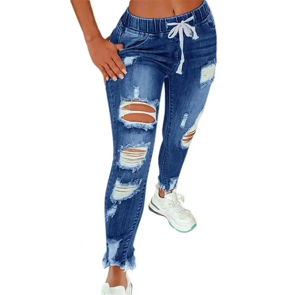 Stretchy Ripped Hole Jeans Women 2024 Straight Denim Trousers Female High Waist All-Match Casual Denim Pants New Streetwear SHOWLU FASHION STORE