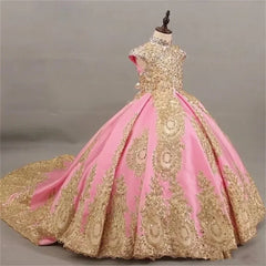 JDY Custom Girls' Sleeveless Ball Gown with Intricate Gold Lace Embroidery & Long Train - Elegant Princess Dress for Special Occ