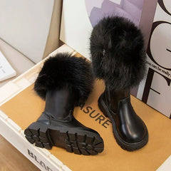 Girls High Boots Thick Warm Plush Fur Beige Black Side Zipper Fashion Children Leather Long Boots Kids Winter Boots 2024 New SHOWLU FASHION STORE