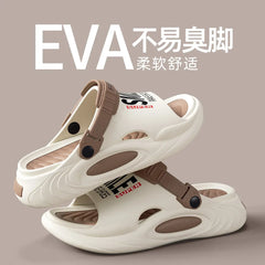 A pair of white and brown EVA sandals with a thick sole and a movable heel strap.