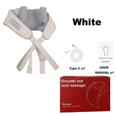 A white smart neck and shoulder massager with a charging cable, user manual, and product box.