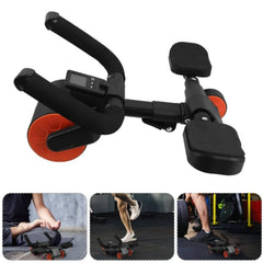 An adjustable four-wheeled abdominal fitness roller with foam armrests and a digital display.