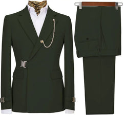 Men's slim fit 2-piece suit with metal clasp, stylish business casual tuxedo, Showlu Fashion Store smart formal wear.