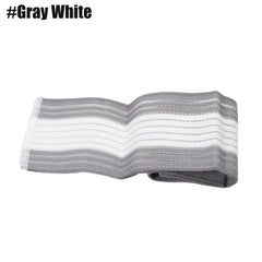 A gray and white striped elastic compression bandage is shown partially unrolled.
