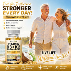 Vitamin D3 K2 Capsule, with Coconut Oil, Promotes Strong Bones, for Teeth,Heart Cardiovascular Health, Magnesium+Zinc Supplement