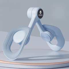 A light blue pelvic floor muscle trainer with a foldable design on a circular platform.