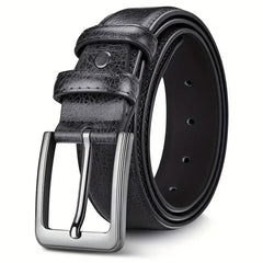 A black textured leather belt for men featuring a brushed metal rectangular buckle.
