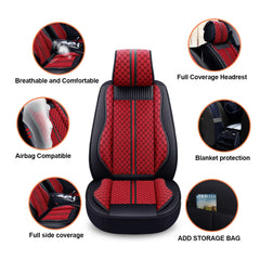 A red and black patterned PU leather car seat cover with side storage and headrest protection.