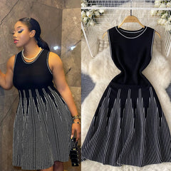 Showlu Fashion women's mini A-line bodycon dress featuring sleeveless design, round neck, knitted fabric, perfect for streetwear and parties.
