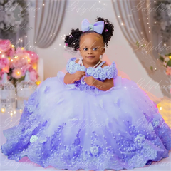 Pink Flower Girl Dresses Luxury Big Pearls Lace Ball Gown First Communion Dress Birthday Photos Shoot Gowns for Party