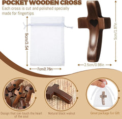 12set Pocket Wooden Calming Cross, Stress Relief Fidget Cross with Organza Bags, Religious Comfort Cross for Baptism Church F
