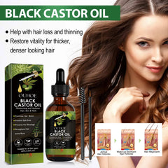 A bottle of OUHOE black castor oil with a dropper, applicator brushes, and a hair growth diagram.