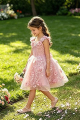 3D Floral with Bow Luxury Flower Girl Dress Wedding Thin Strap Backless Knee-Length Kid Pageant Party Birthday Event Dress
