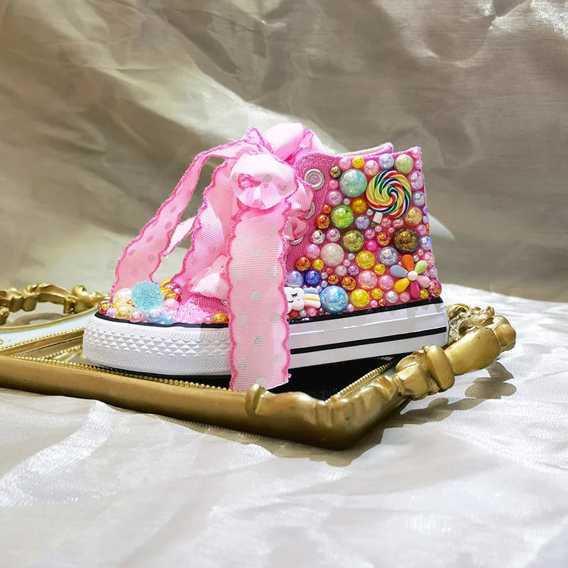 Random Lollipop Rainbow Candy Canvas Simulation DIY Kids Pearls Sneakers For Girl Birthday Party Dollbling Handmade Bling Shoes SHOWLU FASHION STORE