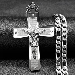 A silver-toned stainless steel crucifix pendant necklace engraved with the Lord's Prayer in Portuguese.