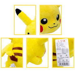 A yellow Pikachu plush toy shown from multiple angles with its product care label visible.