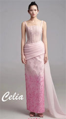 A floor-length pink evening gown with a pleated waist, floral embroidery, and a straight silhouette.