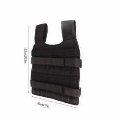 A black adjustable weighted vest for fitness training with dimensions of 52cm by 43cm.
