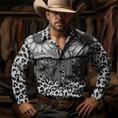 Floral leopard print retro style men's shirt western shirt outdoor street casual daily autumn and winter lapel long-sleeved shir