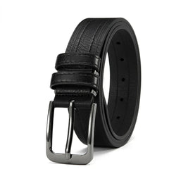 A black leather belt for men featuring a textured strap and a square metal pin buckle.