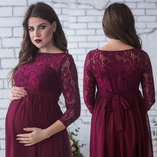 Pregnant Women Lace Dress Maternity Maxi Gown Photography Clothes 3/4 Sleeve Wedding Party Long Dress For Pregnant Ladies