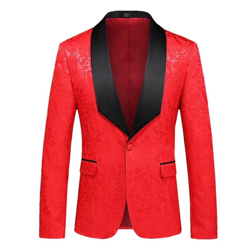 A red patterned men's tuxedo jacket with a black shawl lapel and single button closure.