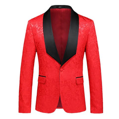 A red patterned men's tuxedo jacket with a black shawl lapel and single button closure.