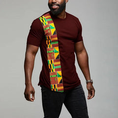 African Kente T Shirt Patchwork Color Print Top Wear Mens Ankara Style Panel Tees O Neck Kitenge For Men Short Sleeves Black
