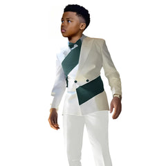 White satin boys' tuxedo suit with double-breasted jacket and matching pants, slim fit, suitable for ages 2 to 16 years.