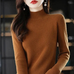 Temperament Pleated Pullover Sweater For Women Long-Sleeve Female S-2XL Siz Half High Collar Underlay Sleeve Sweater Slim Fit SHOWLU FASHION STORE