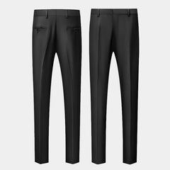 A pair of black suit trousers shown from the front and back views.