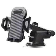 A black universal car phone holder with a suction cup base and carbon fiber pattern back.