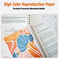 A spiral-bound devotional journal open to a page about perseverance with floral illustrations.