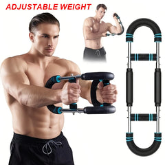 A stainless steel chest and arm trainer with adjustable resistance and foam-padded handles.