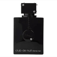 A black rectangular perfume bottle with a decorative chain and crystal accents on the cap.
