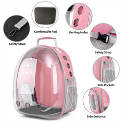 A pink transparent pet carrier backpack with ventilation holes, side pockets, and a safety strap.