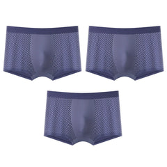 Three pairs of blue men's boxer shorts made from breathable ice silk mesh fabric.