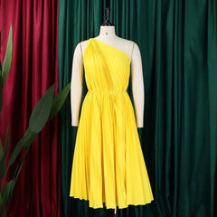 Women’s one-shoulder sleeveless pleated knee-length swing dress by Showlu Fashion, perfect for stylish street wear and casual occasions.