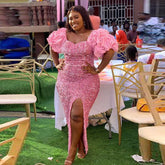 Aso Ebi Plus Size Mermaid Dress - Sequined with High Split & Puffy Sleeves for Glamorous Occasions