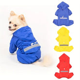 A small dog wearing a blue hooded raincoat with a reflective strip and D-ring, shown in three colors.