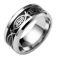 A silver-toned stainless steel ring featuring a black band engraved with the word Jesus.