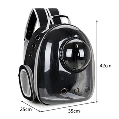 A black pet backpack with a transparent bubble window and mesh side panels for ventilation.