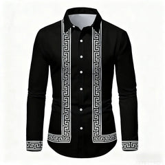 Men's Retro Geometric Print Long-Sleeve Shirt, Stylish Black and White Color-Blocked Slim Fit Shirt, Casual and Versatile Top
