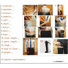 A measurement guide for a men's suit showing twelve numbered steps for taking body measurements.