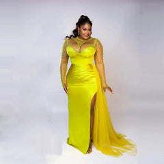 Aso Ebi Plus Size Evening Dresses High Neck Beads Sequin Illusion Long Sleeves Slit Long Sleeves Party Gown Mermaid Prom Dress SHOWLU FASHION STORE