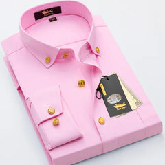 2026 Spring/Autumn New Men's Luxury Brass Button Long Sleeve Business Casual Shirt Ironing Resistant Office Work Shirts as Gift