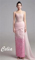 A model wears a floor-length pink satin evening gown with a pleated waist and floral embroidery.