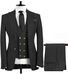 A black three-piece men's suit featuring a single-breasted blazer, double-breasted vest, and pants.
