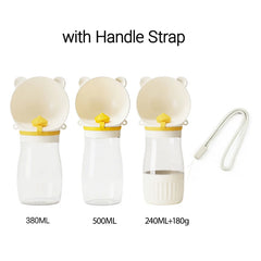 Three portable pet water bottles with bear-shaped bowls and a detachable carrying strap.