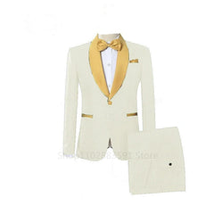 A white jacquard men's suit featuring a gold shawl lapel, matching bow tie, and trousers.